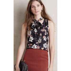 Anthropologie MAEVE Tank Womens 2 Black Floral  Petalsilk Tie-Neck Sleeveless